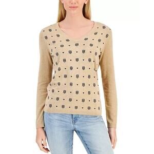 NWT! Tommy Hilfiger Women's Cotton Logo-Print V-Neck Sweater - LARGE